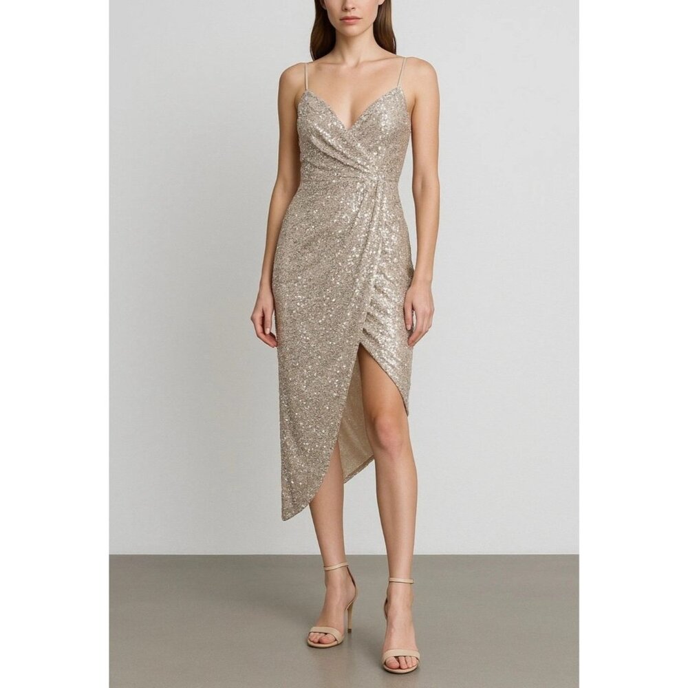 Ieena Mac Duggal Womens Midi Dress Size 4 Gold Sequin Asymmetrical 11287 NEW